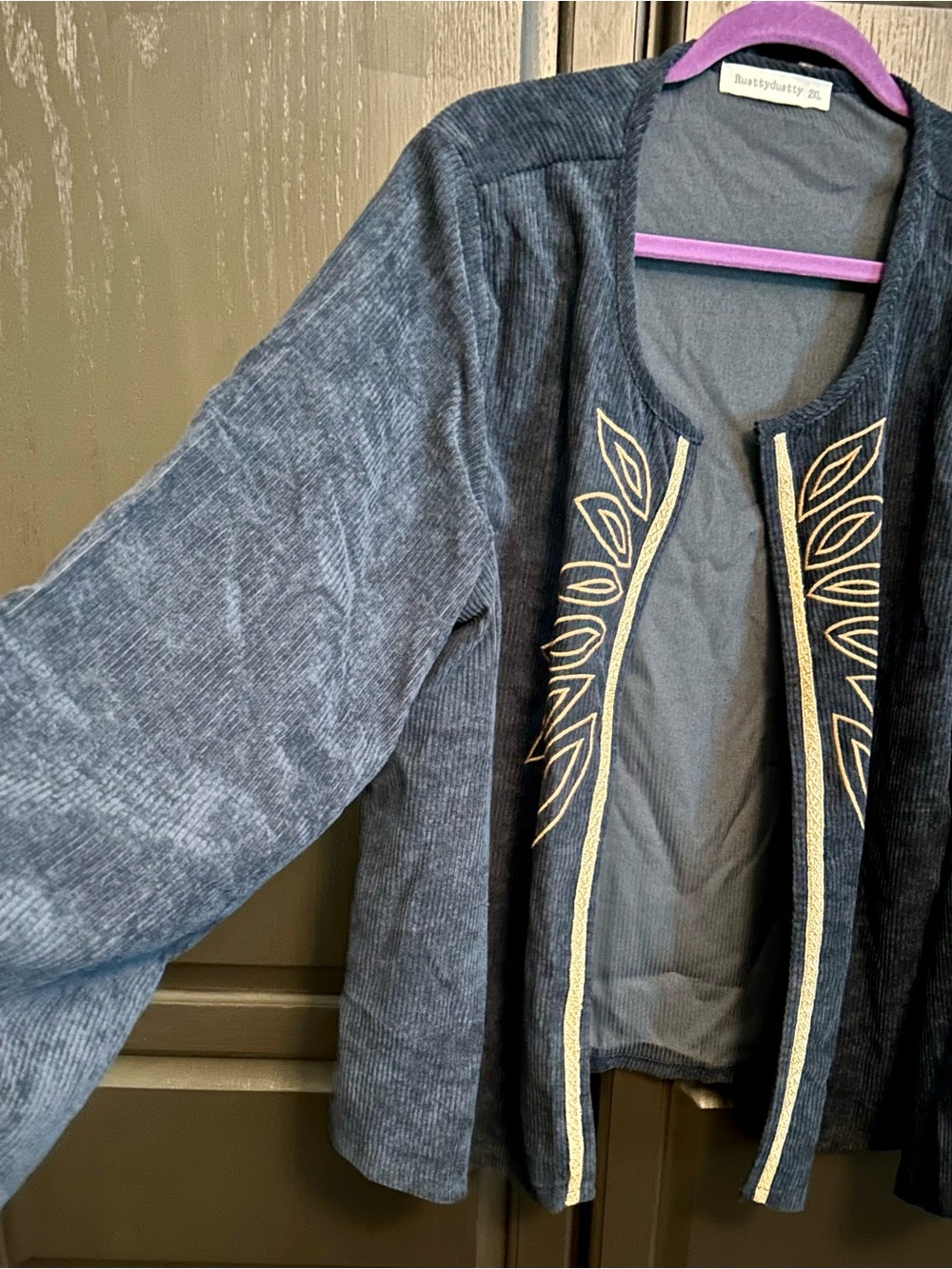 Slate Blue Embroidered Open-Front Jacket